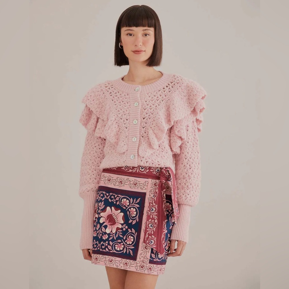 Farm Rio Pink Flower Texture Crochet Knit Ruffle Cardigan Sweater NWT Small - Picture 4 of 16